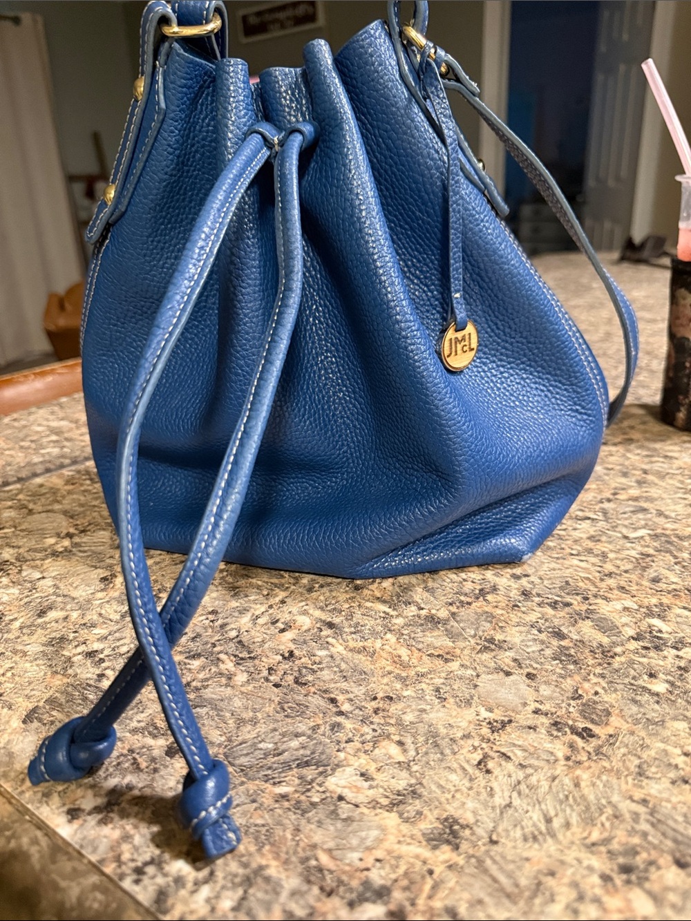 Pebbled Blue Drawstring Shoulder Bag by JML
